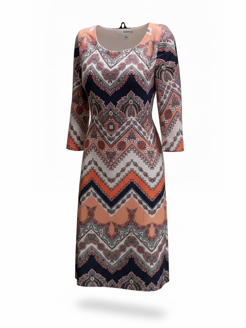 Studio One Chevron-Print Long Sleeve Midi Dress in Peach, Navy and White